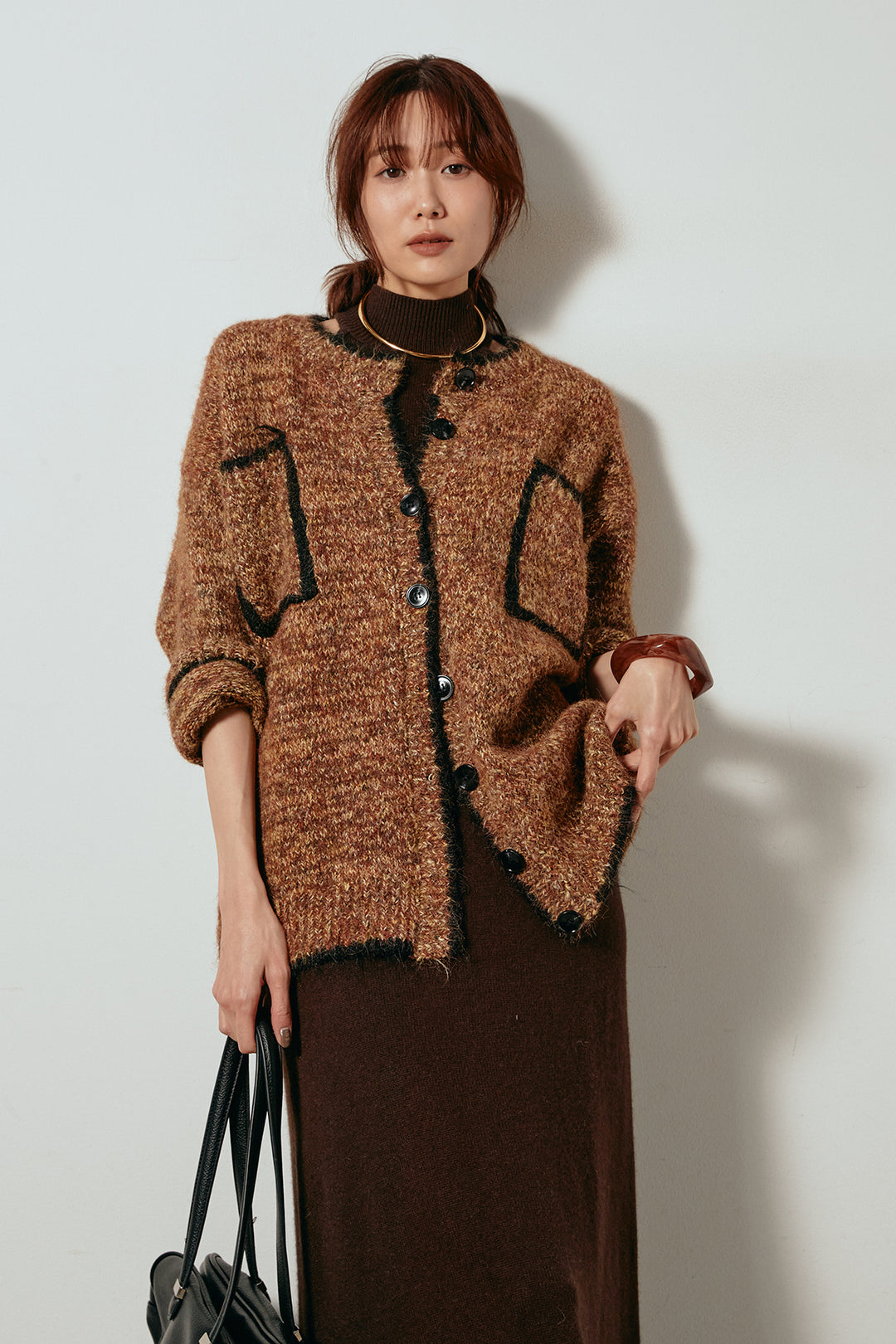 [SET]ミックスニットポケットカーディガン+ノースリーブニットロングワンピース(2set)