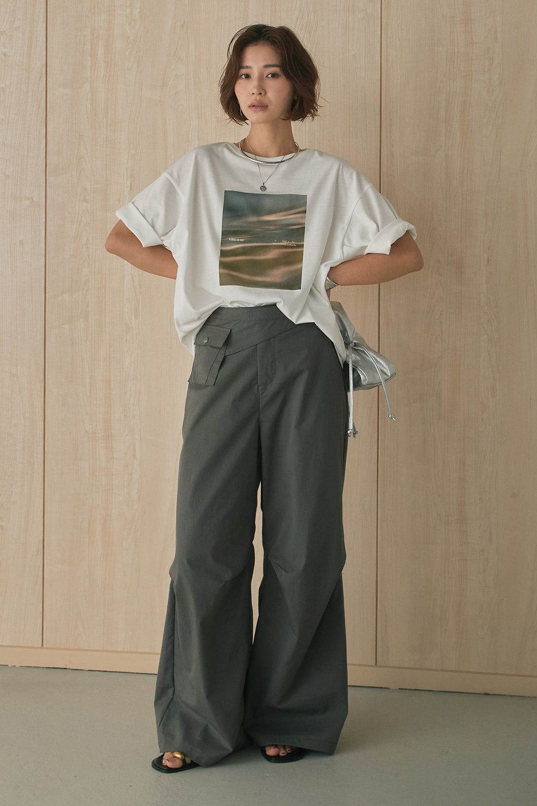 [SET]MarbleプリントTシャツ+ポケットベルト付きニーサイドタックパンツ(2set)