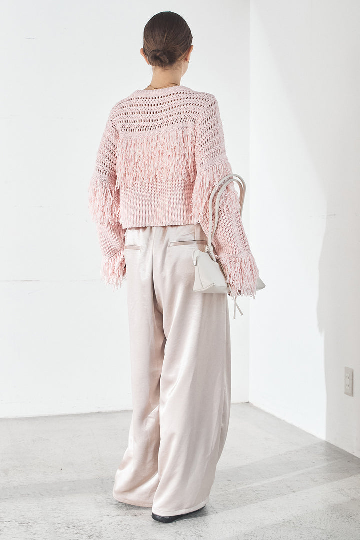 [SET]メッシュフリンジ切り替えプルオーバー+サテンタックワイドパンツ(2set)