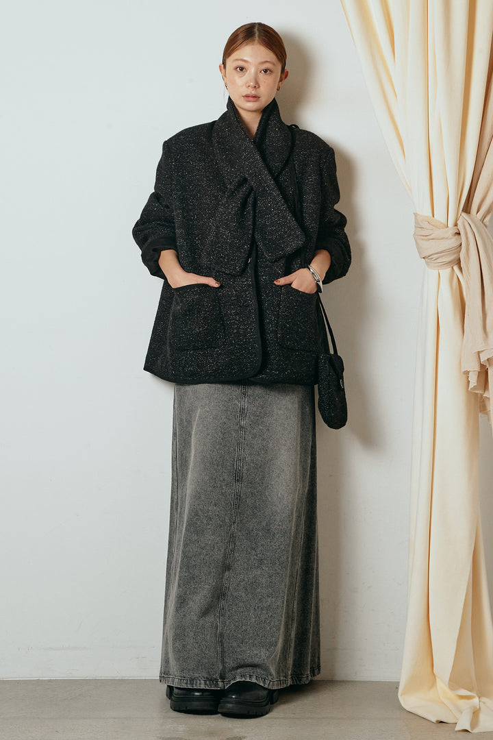 [SET]ノーカラーマフラーバッグ付きアウター+デニムロングフレアスカート(2set)