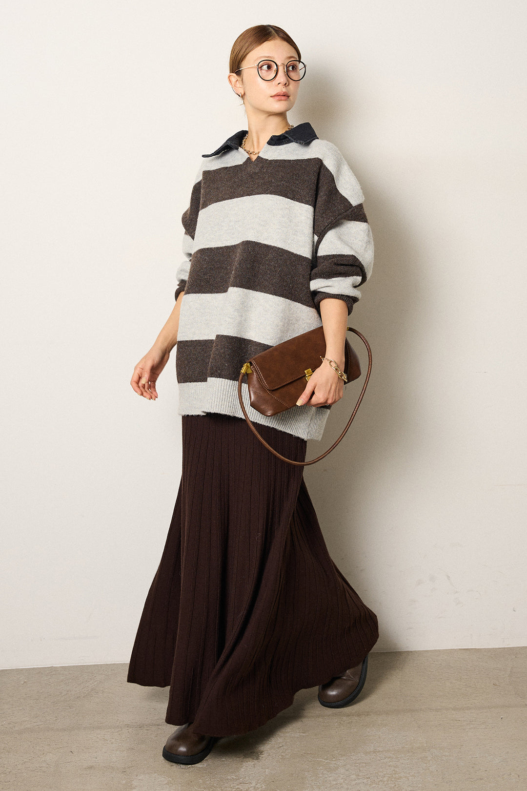 [SET]デニムカラーボーダールーズニット+編み地切り替えフレアニットスカート(2set)