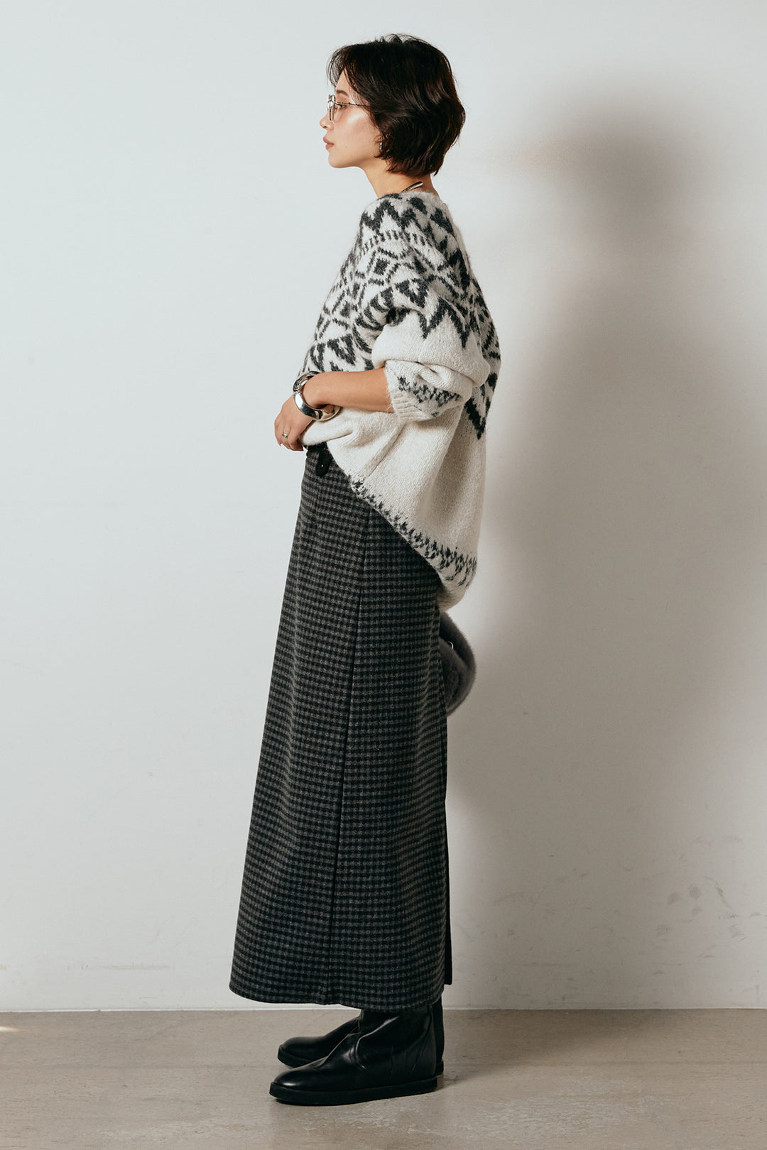 [SET]ノルディック柄Uネックプルオーバー+スエード調ベルト付きチェックナロースカート(2set)