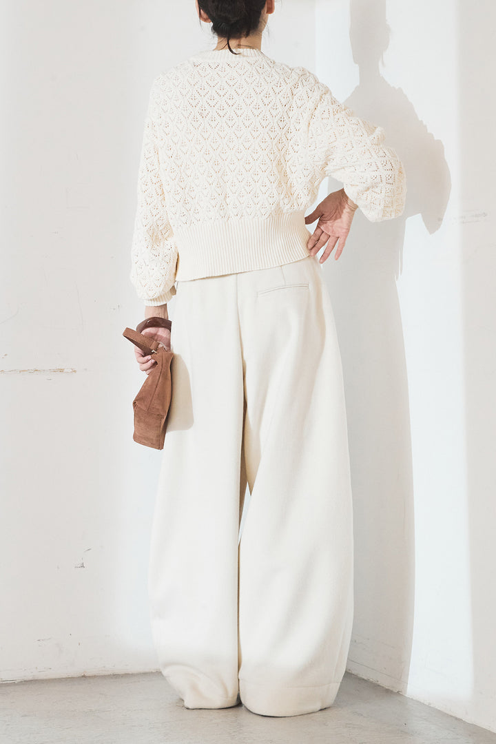 [SET]透かし編みニットジップスリットプルオーバー+ウールタッチカーブワイドパンツ(2set)