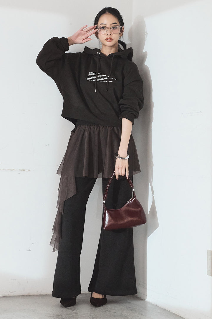 [SET]裏起毛レタリング刺繍フーディショートプルオーバー+チュールレイヤードニットパンツ(2set)