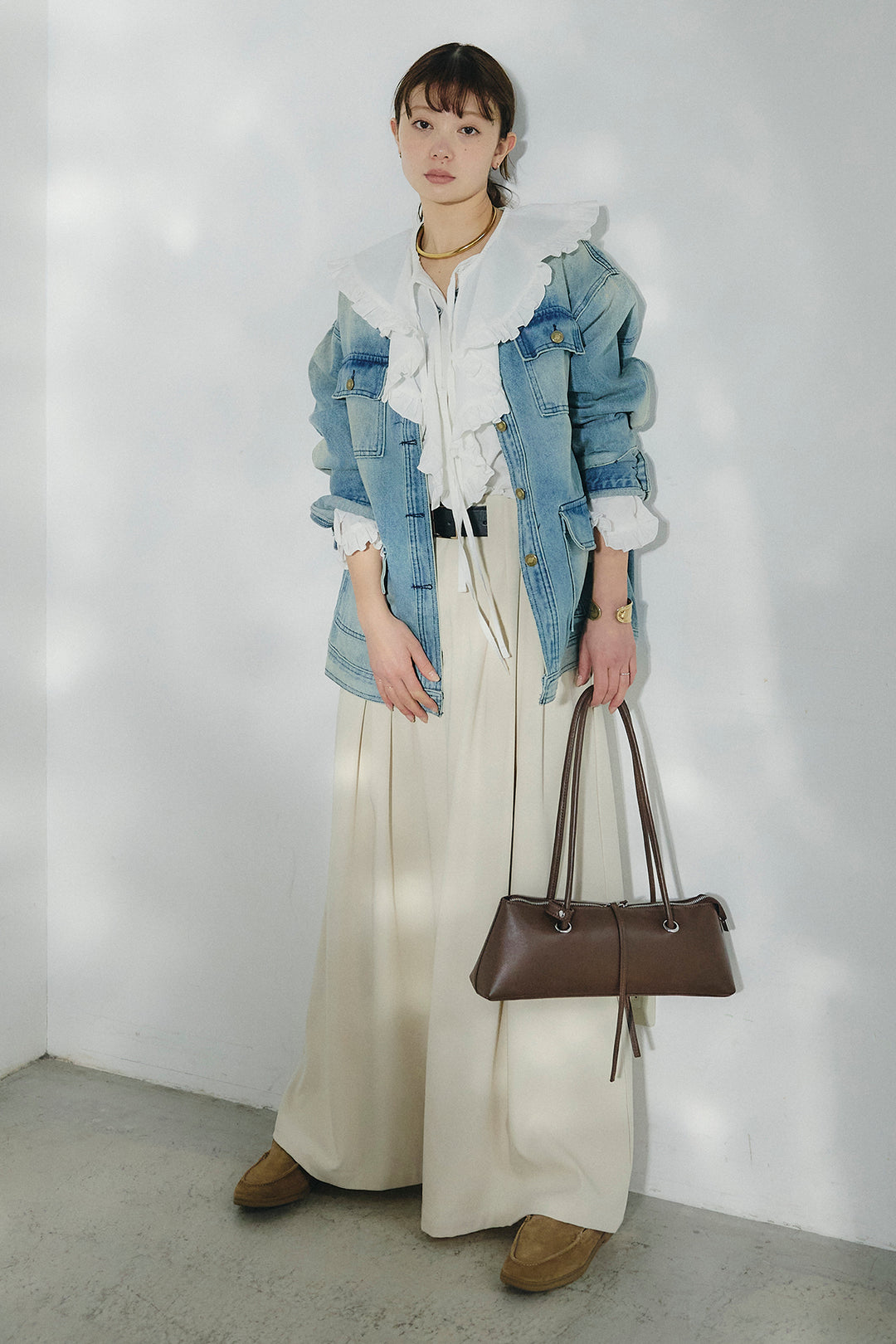 [SET]ノーカラーデニムポケットジャケット+コットンフリルブラウス+ベルト付きタックデザインハイウエストロングパンツ(3set)