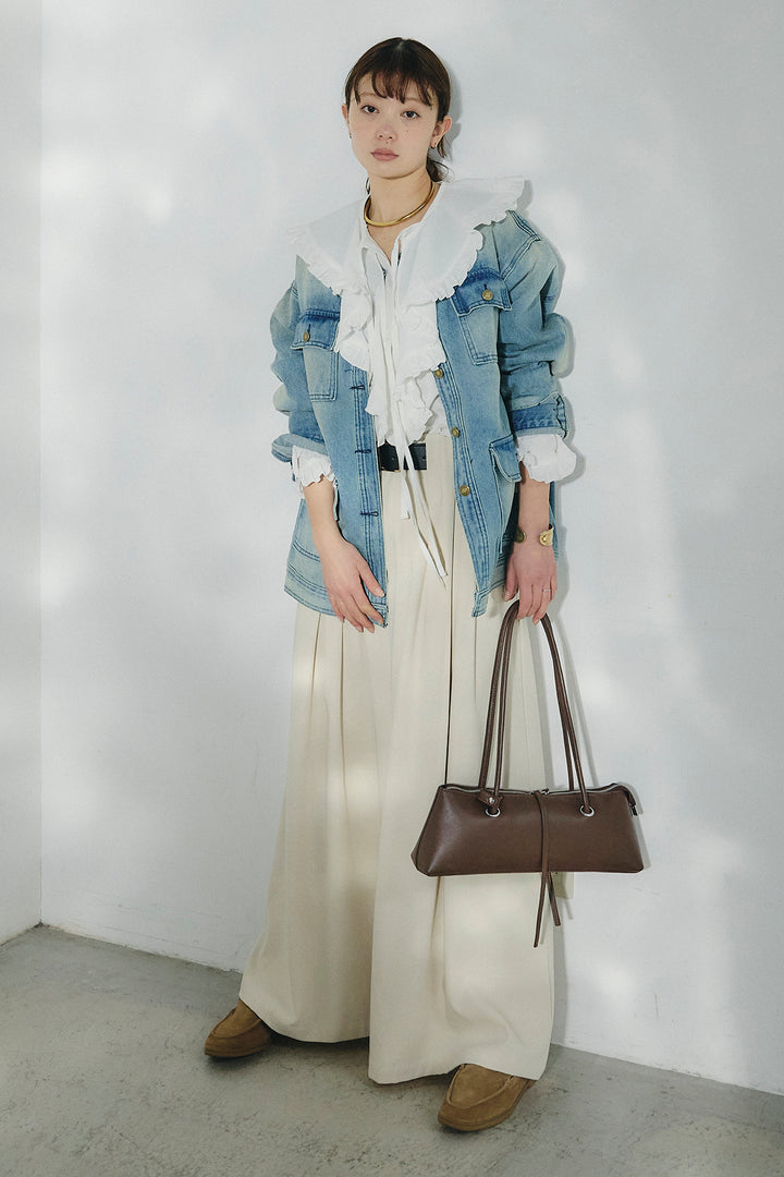 [SET]ノーカラーデニムポケットジャケット+コットンフリルブラウス+ベルト付きタックデザインハイウエストロングパンツ(3set)