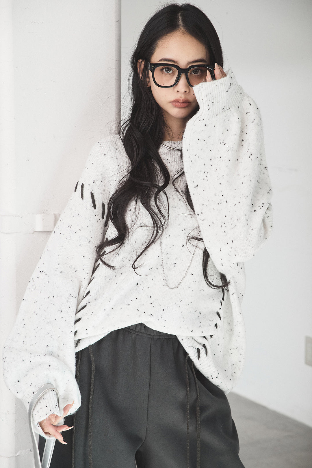 [SET]ネップ編み上げニットトップス+裏起毛スウェットワイドパンツ(2set)