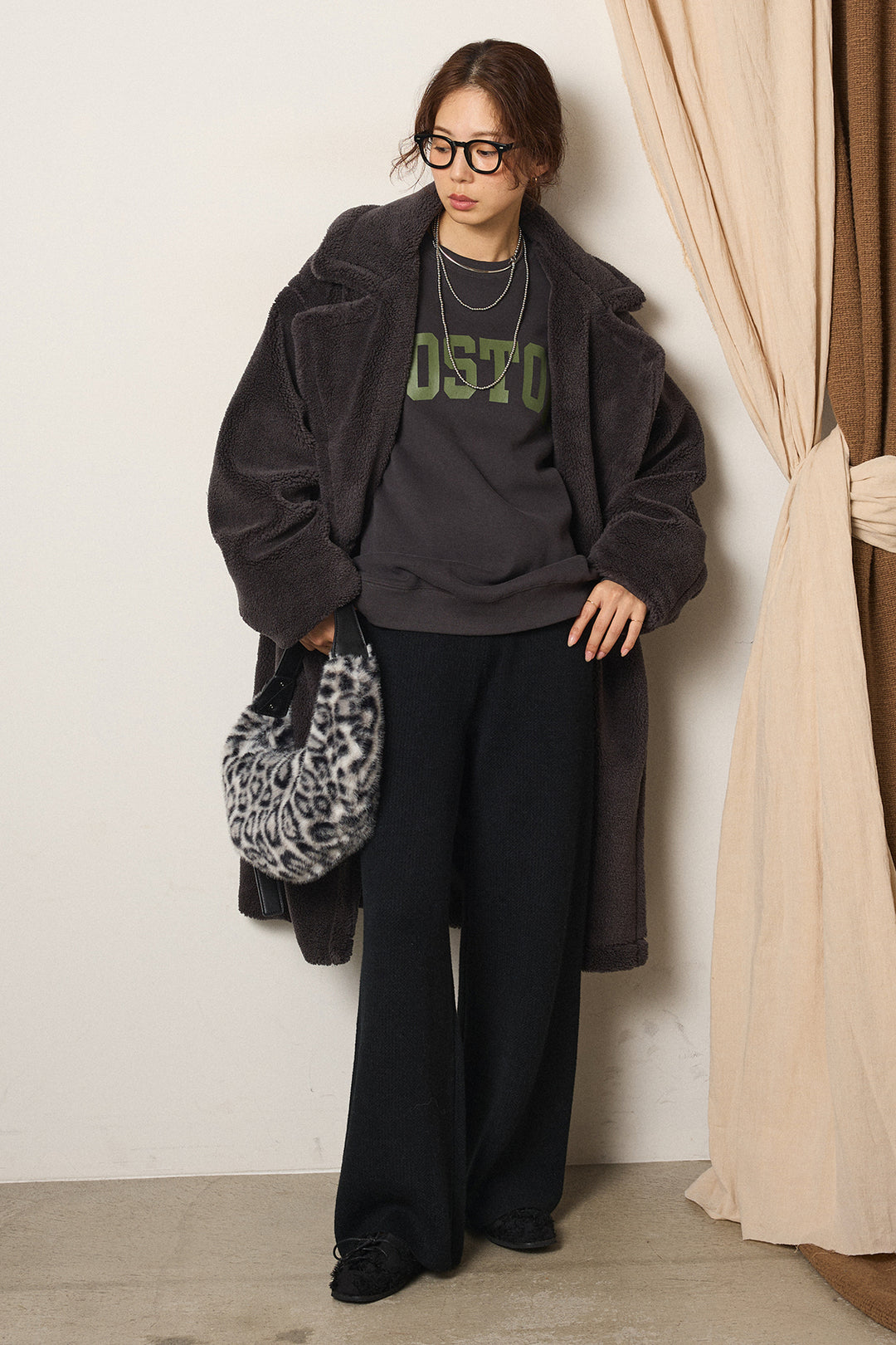 [SET]テディボアロングコート+ロゴデザインルーズスウェット+ワイドリブニットイージーパンツ(3set)