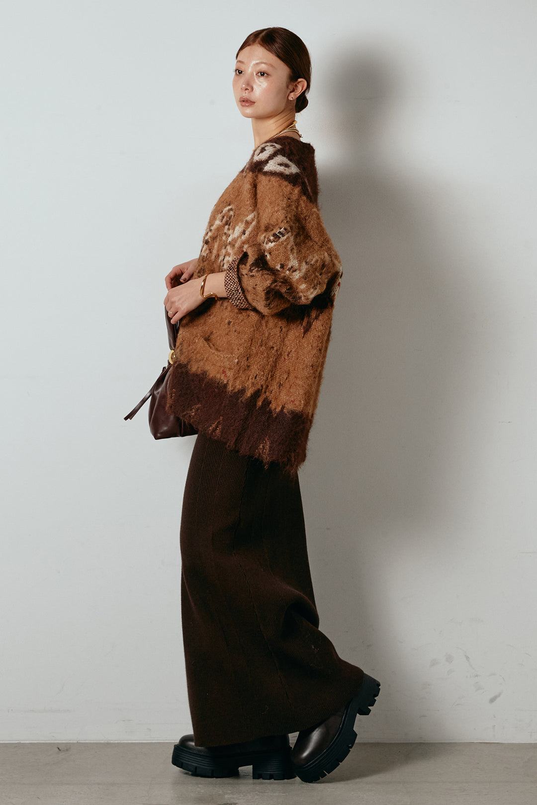 [SET]シャギーニュアンス柄ニットカーディガン+リブナローニットスカート(2set)