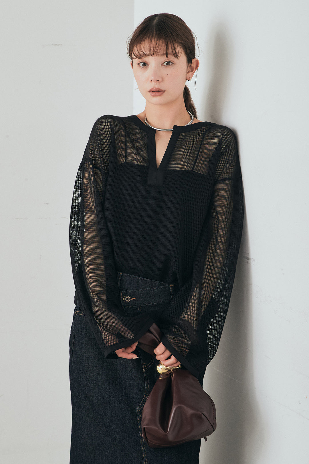 [SET]メッシュカットソースキッパープルオーバー+ウエストクロスデニムタイトスカート(2set)