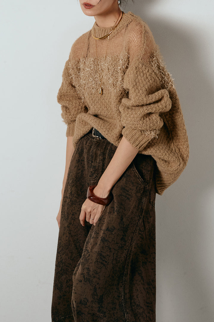 [SET]パターンランダム編みニットトップス+ベルト付きニュアンス柄カーブワイドパンツ(2set)