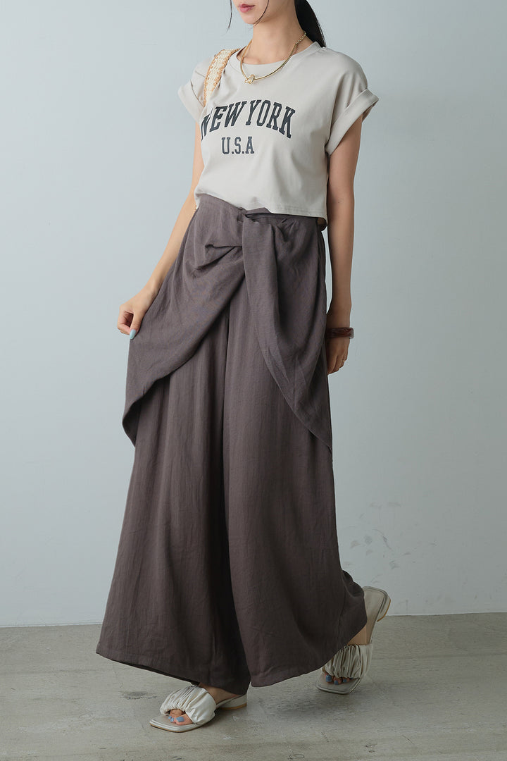 [SET]ショート丈NEWYORKロゴTシャツ+ねじりデザインワイドパンツ(2set)