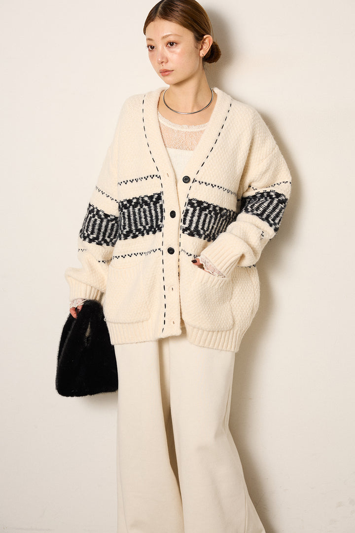 [SET]ライン柄ステッチニットカーディガン+裏起毛スウェットワイドパンツ(2set)