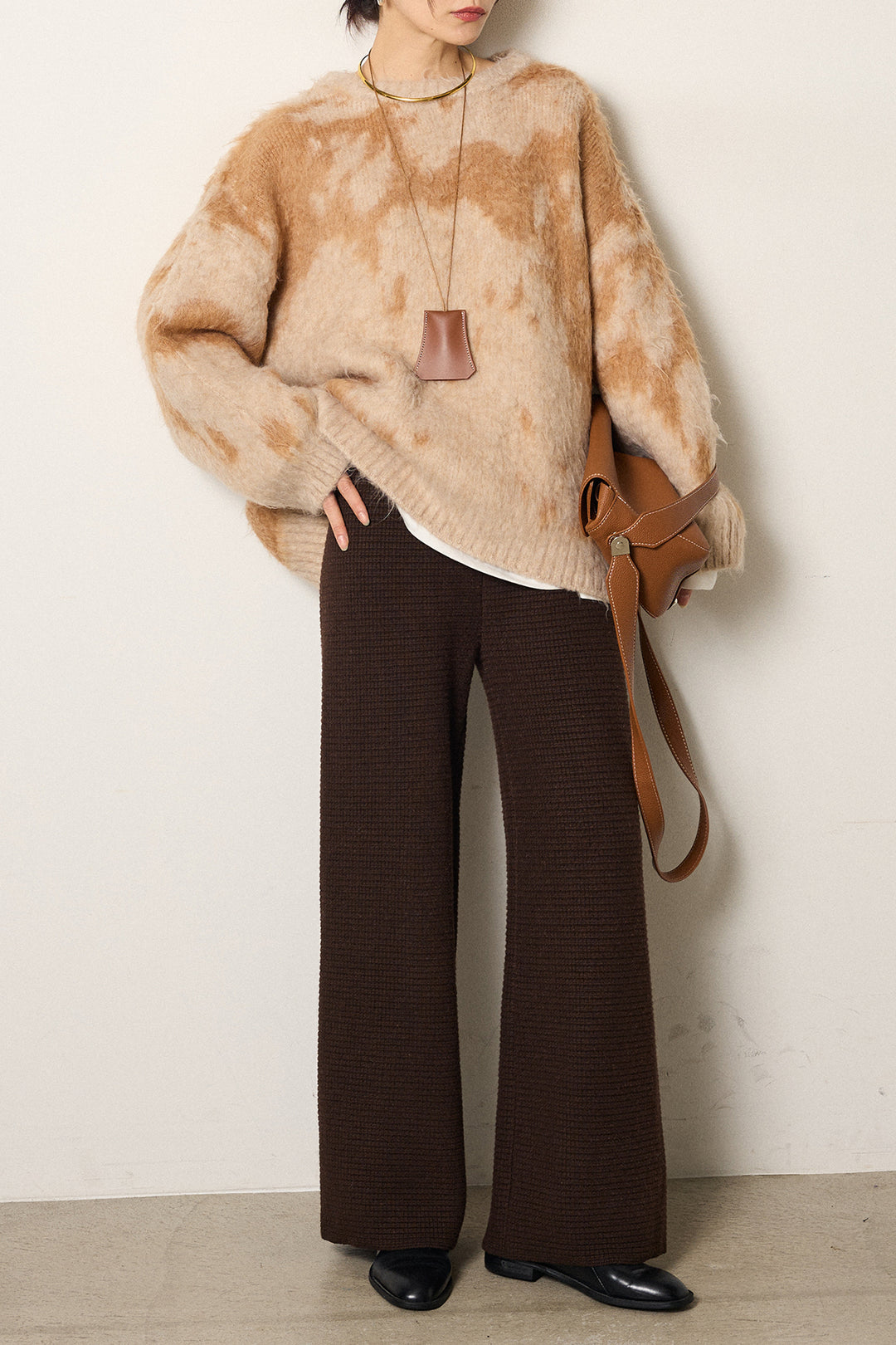 [SET]モヘアタッチマーブルニット+箔プリントBIGシルエットロングスリーブTシャツ+ワイドリブニットイージーパンツ(3set)