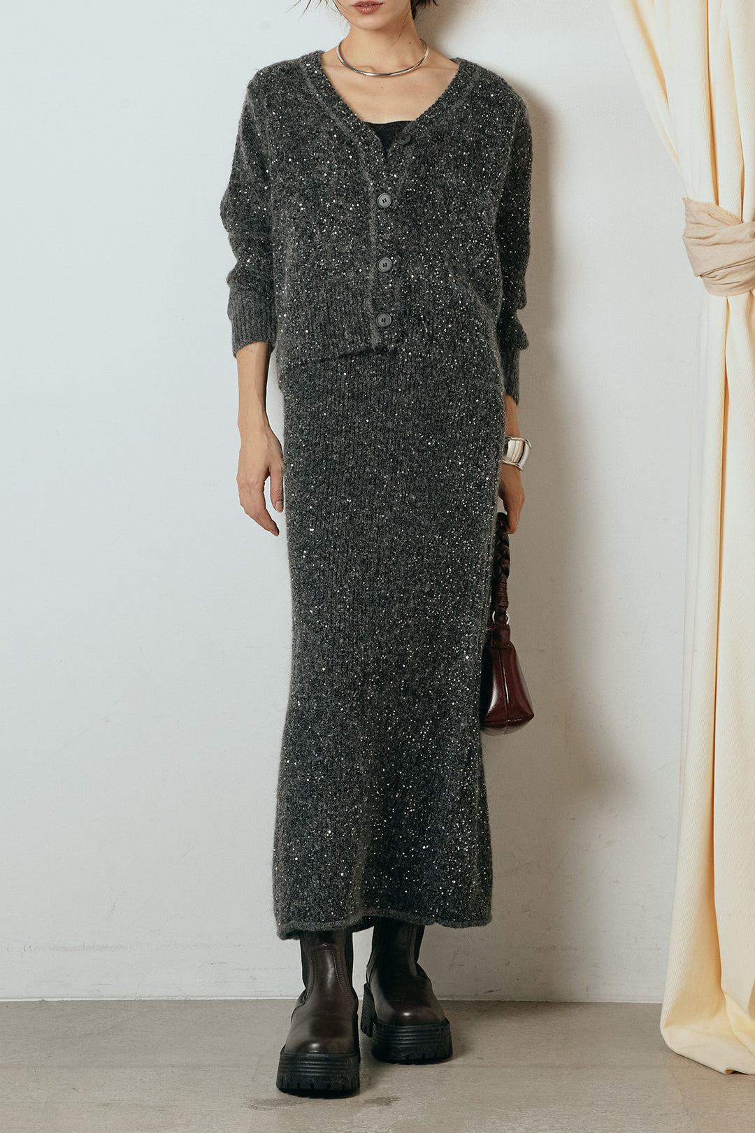 [SET]ミニラメニットカーディガン+ミニラメニットスカート(2set)