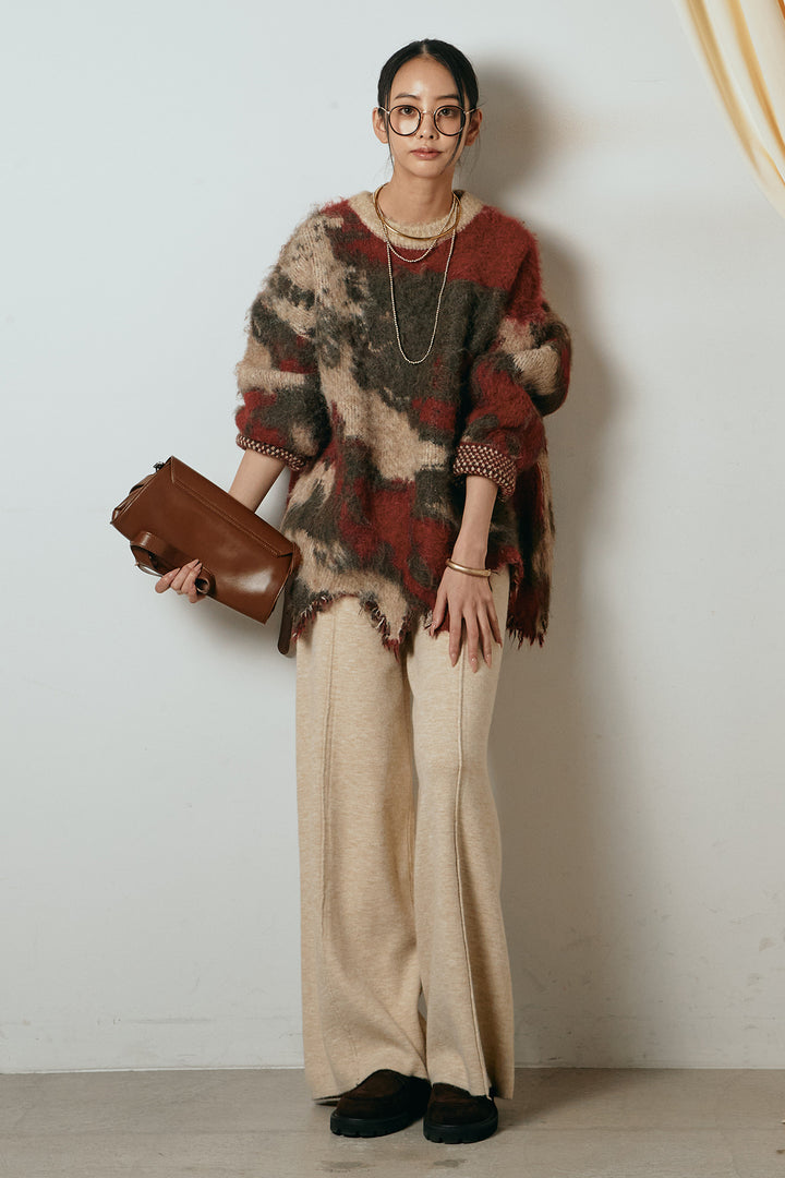 [SET]起毛裾デザインニュアンス柄ニットトップス+センターラインニットパンツ(2set)