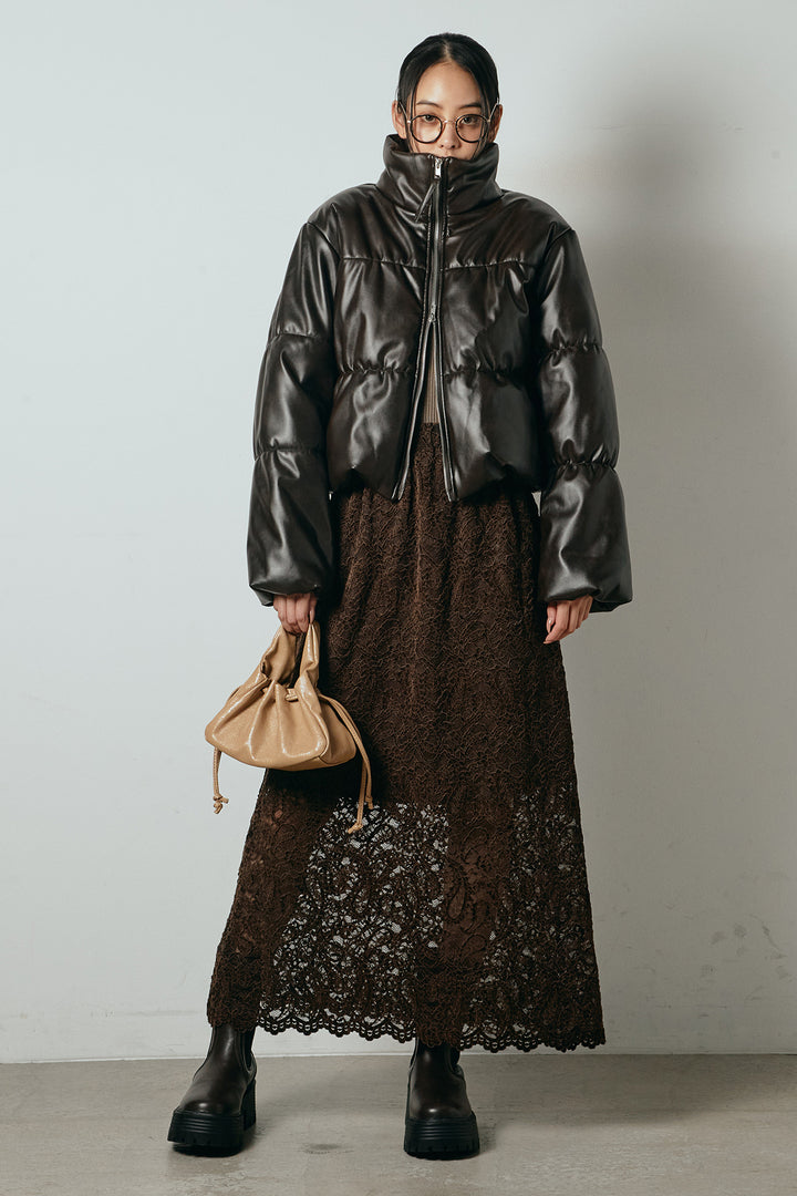 [SET]レザーライクWジップスタンドカラー中綿ブルゾン+総レース刺繍スカート(2set)