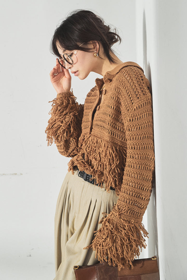 [SET]メッシュフリンジカーディガン+編みベルト付きウエストタックワイドパンツ(2set)