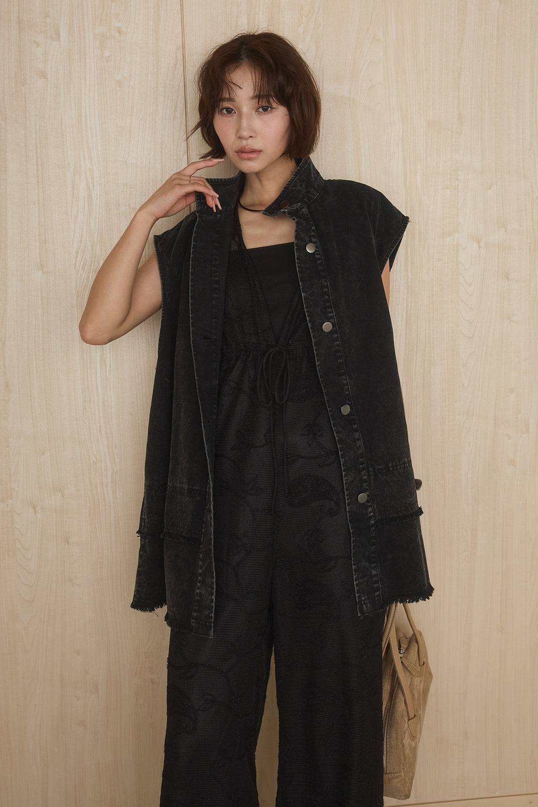 [SET]ケミカルデニムヘムカットオフジレ+レースサロペット(2set)