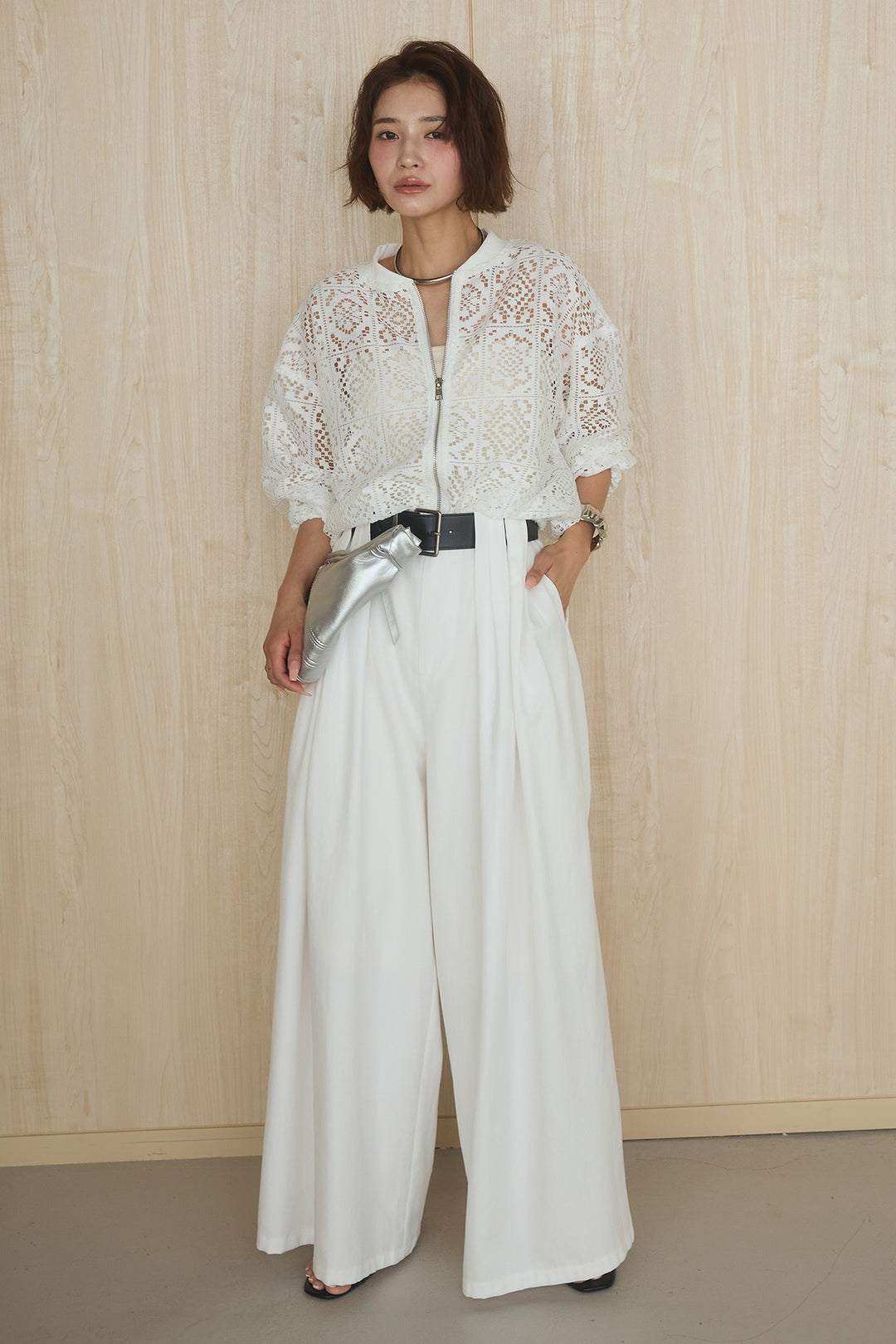 [SET]幾何レースブルゾン+ベルト付きビックループワイドパンツ(2set)