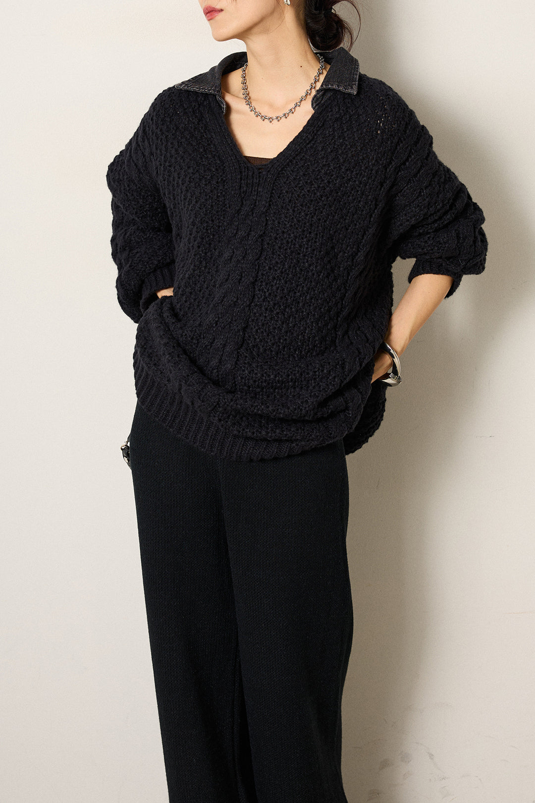 [SET]デニムカラーケーブルオーバーニット+ワイドリブニットイージーパンツ(2set)