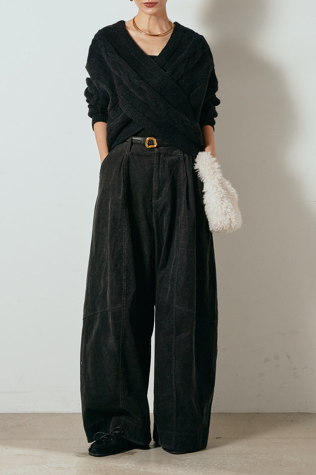 [SET]ケーブルカシュクールニットトップス+タック入りコーデュロイワイドパンツ(2set)