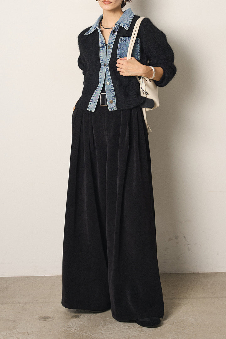 [SET]襟付きデニム切替ニットカーディガン+ベルトループコーデュロイワイドパンツ(2set)