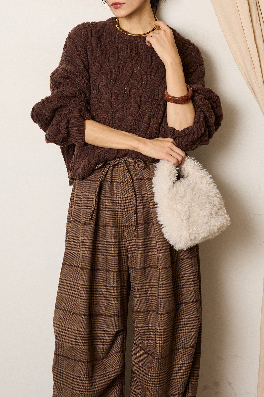 [SET]ケーブルリラックスショートニット+グレンチェックルーズタックパンツ(2set)