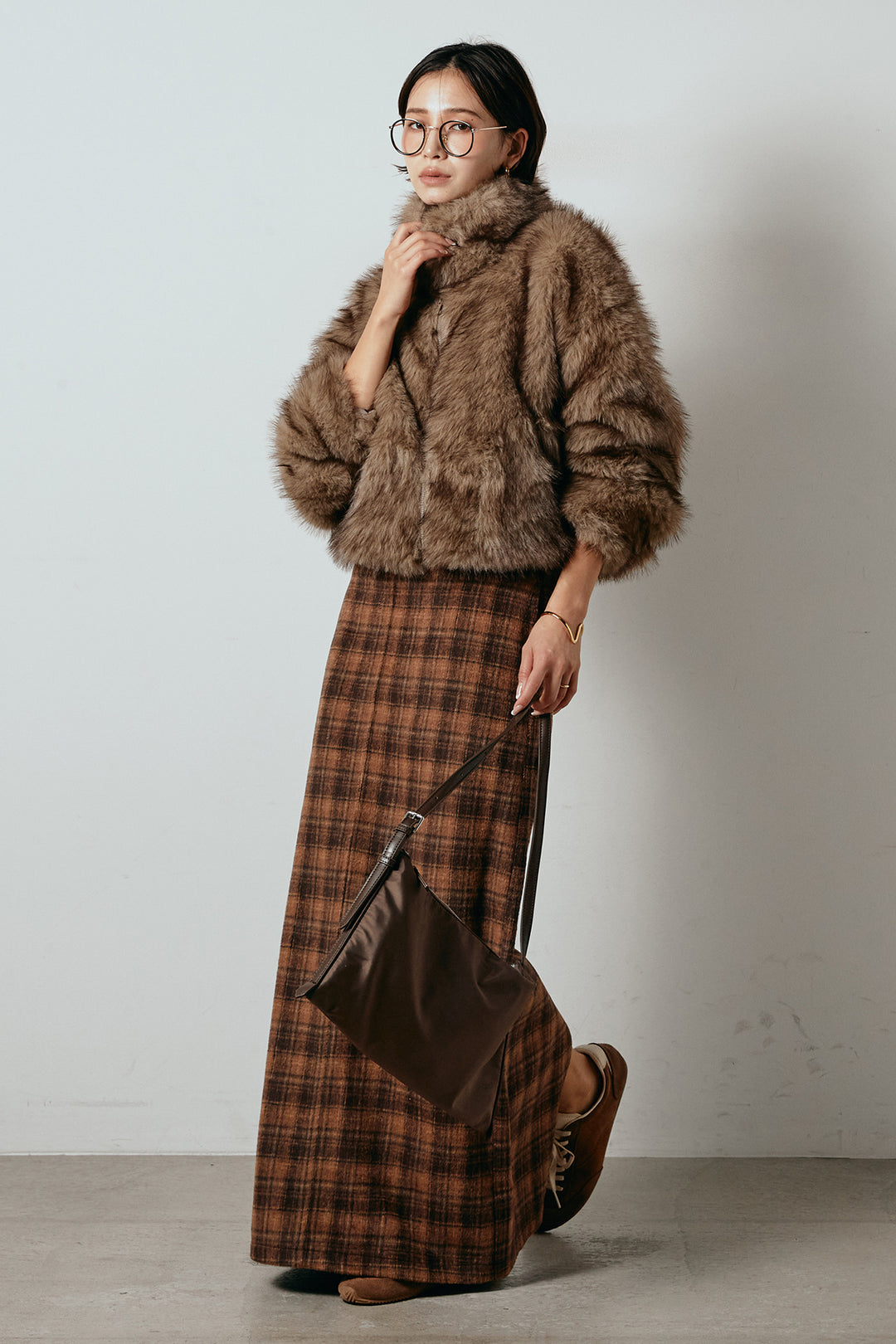 [SET]エコファーショート丈ブルゾン+シャギーチェックストレートスカート(2set)