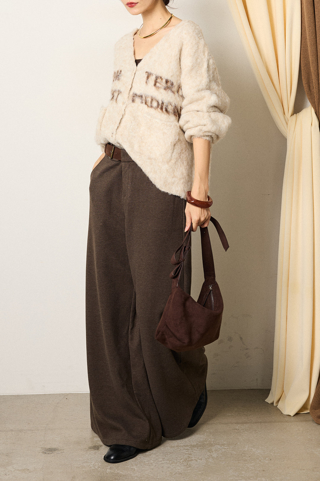 [SET]ウール混透かしロゴニットカーディガン+サイドベルトパンツ(2set)