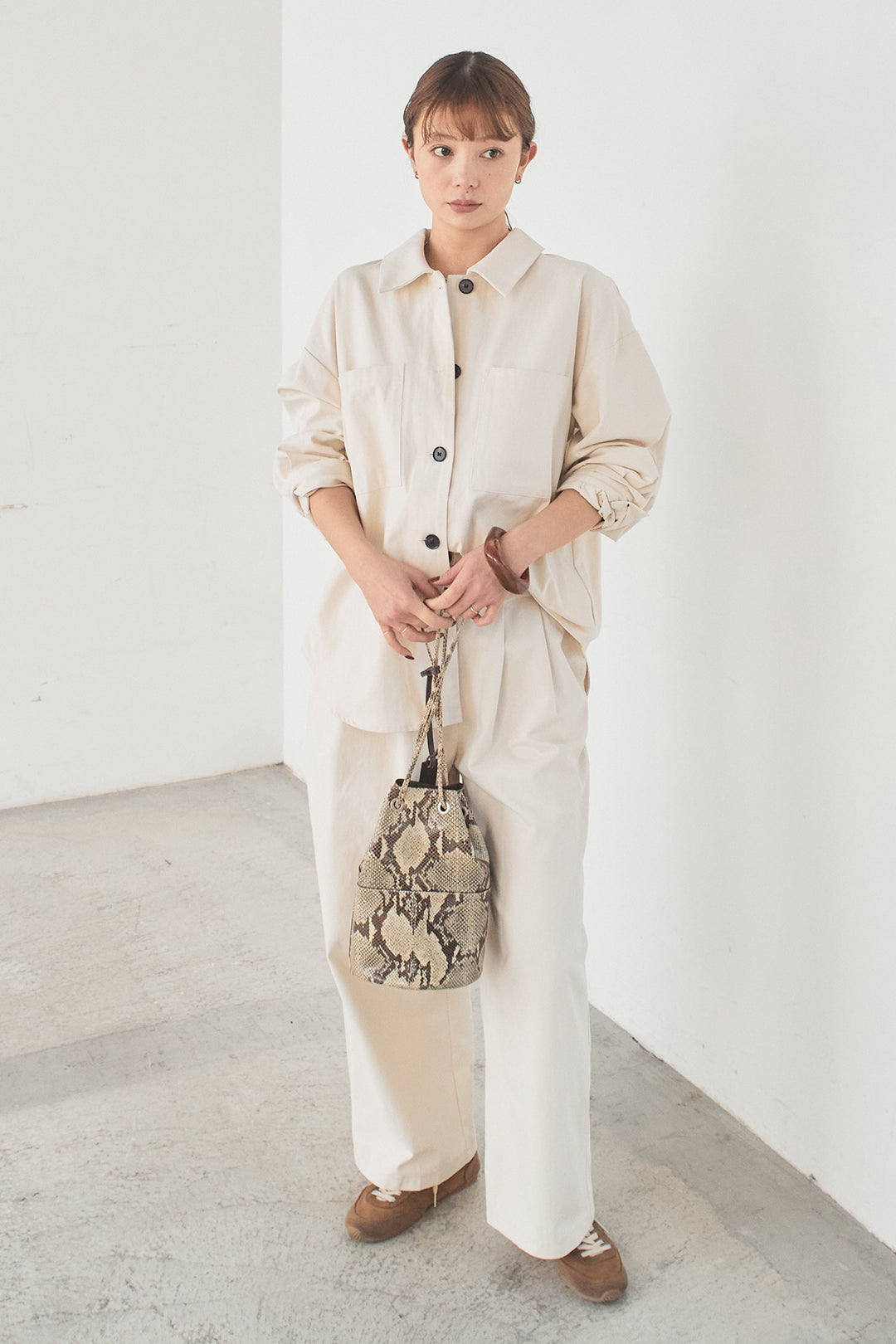 [SET]ツイルシャツジャケット+ツイルハイウエストタックパンツ(2set)