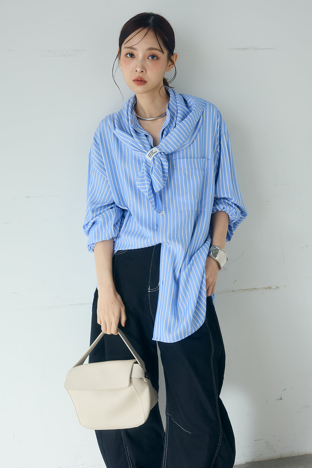 [SET]レーヨンストライプスカーフ+ツイル配色ステッチバレルパンツ+レーヨンストライプバンドカラー長袖シャツ(3set)