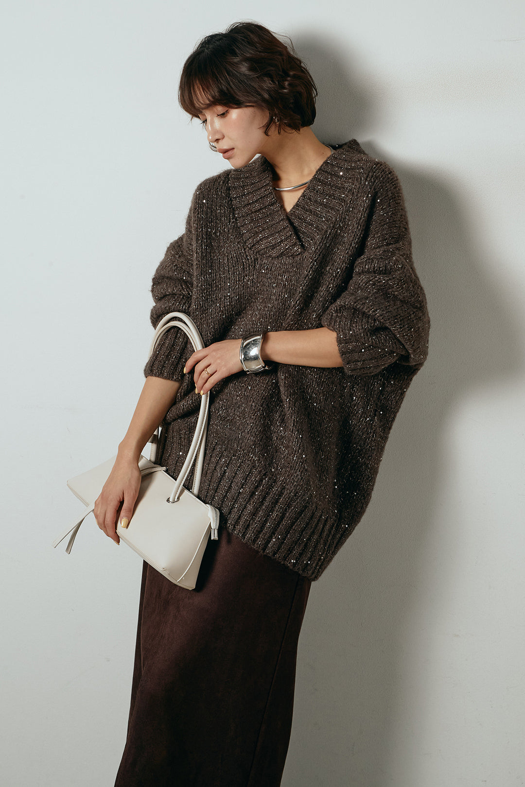 [SET]Vネックラメニットトップス+スウェードライク裾フリンジスカート(2set)