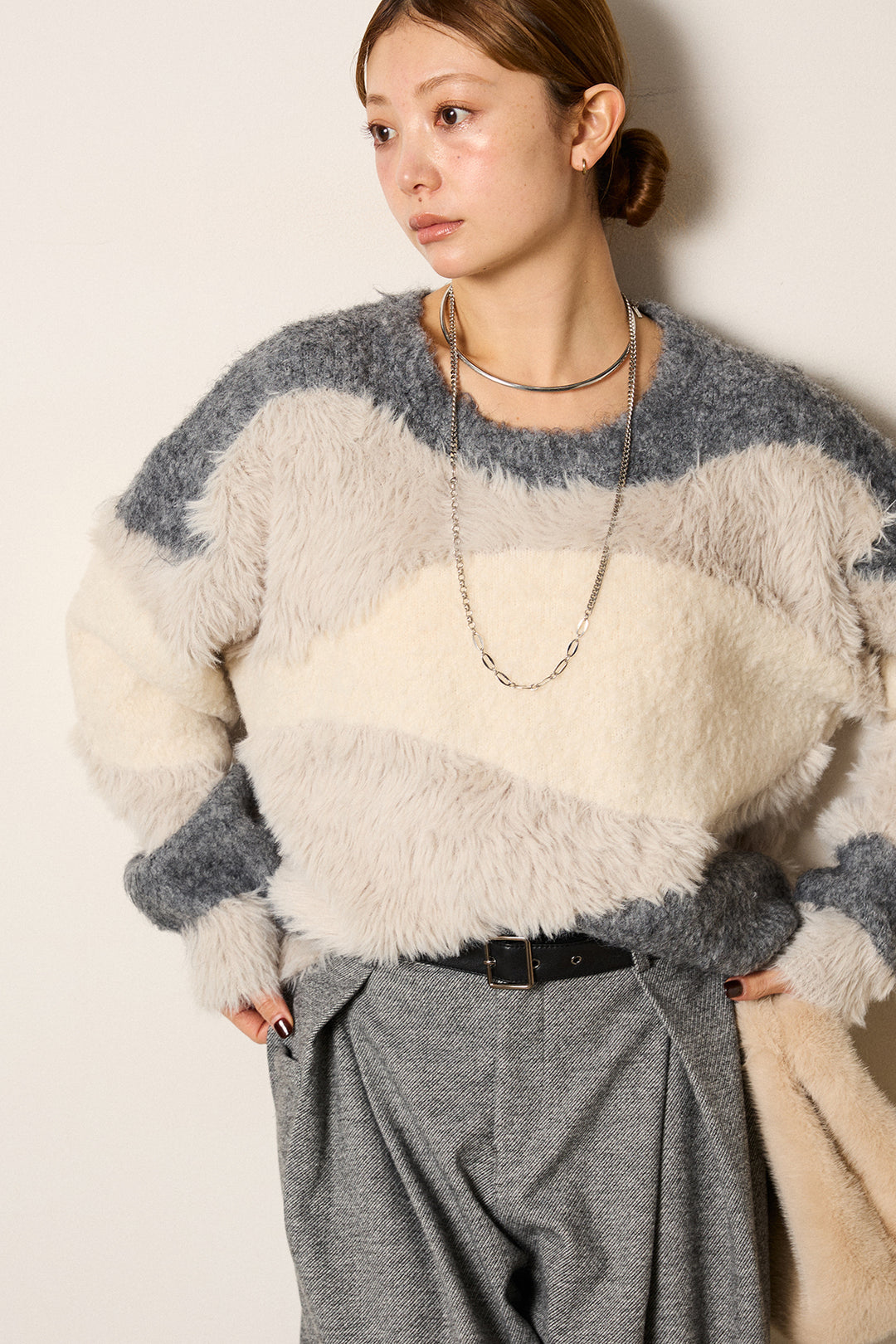 [SET]シャギーウェーブ柄クルーネックニットトップス+細ベルト付き起毛タックワイドパンツ(2set)