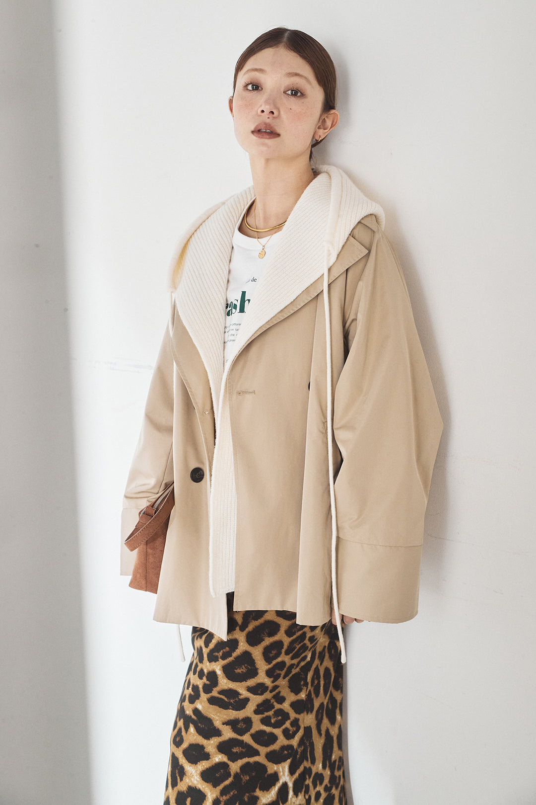 [SET]ナイロントレンチコート+レオパードサテンナロースカート(2set)