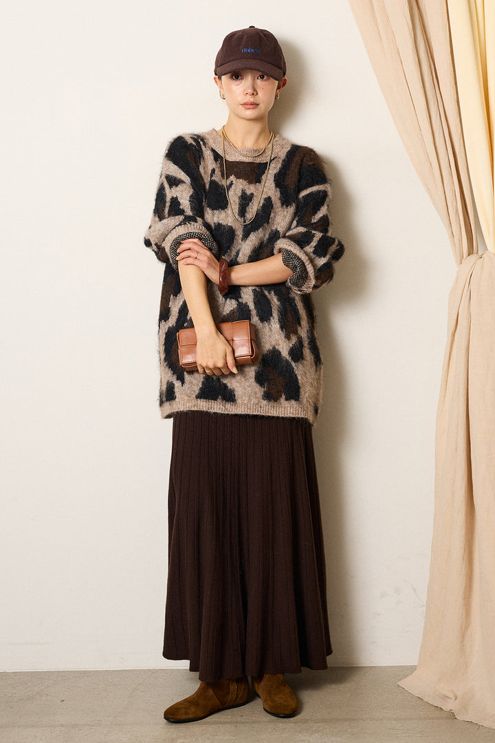[SET]ルーズアニマルモヘアニットトップス+編み地切り替えフレアニットスカート(2set)