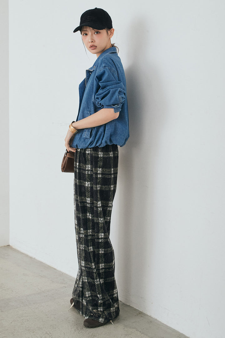 [SET]スタンドカラーデニムブルゾンジャケット+レースチェックワイドイージーパンツ(2set)