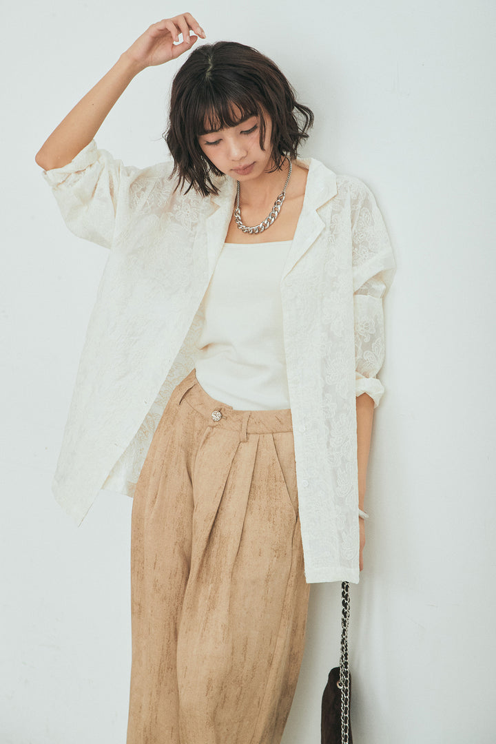 [SET]刺繍シアーオープンカラーシャツ+リネン混かすれ柄ワイドパンツ(2set)