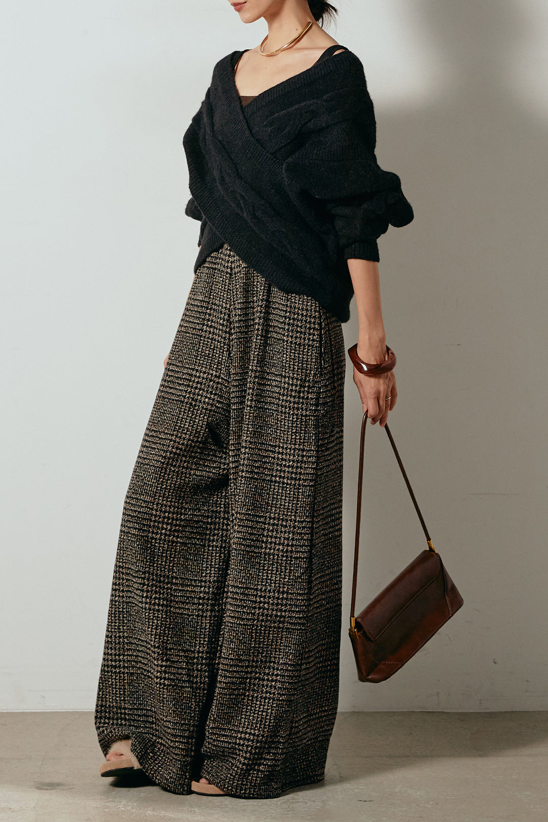 [SET]ケーブルカシュクールニットトップス+前後2wayグレンチェック柄スカーチョサロペット(2set)