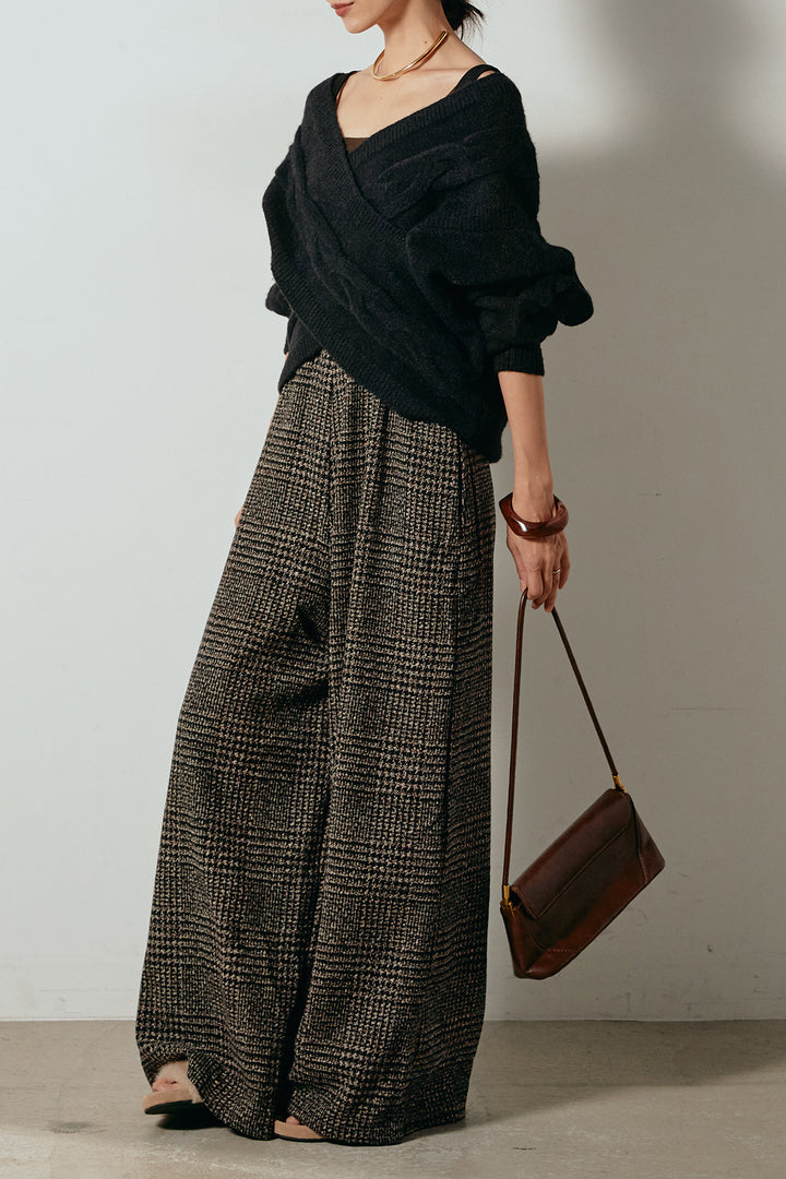 [SET]ケーブルカシュクールニットトップス+前後2wayグレンチェック柄スカーチョサロペット(2set)