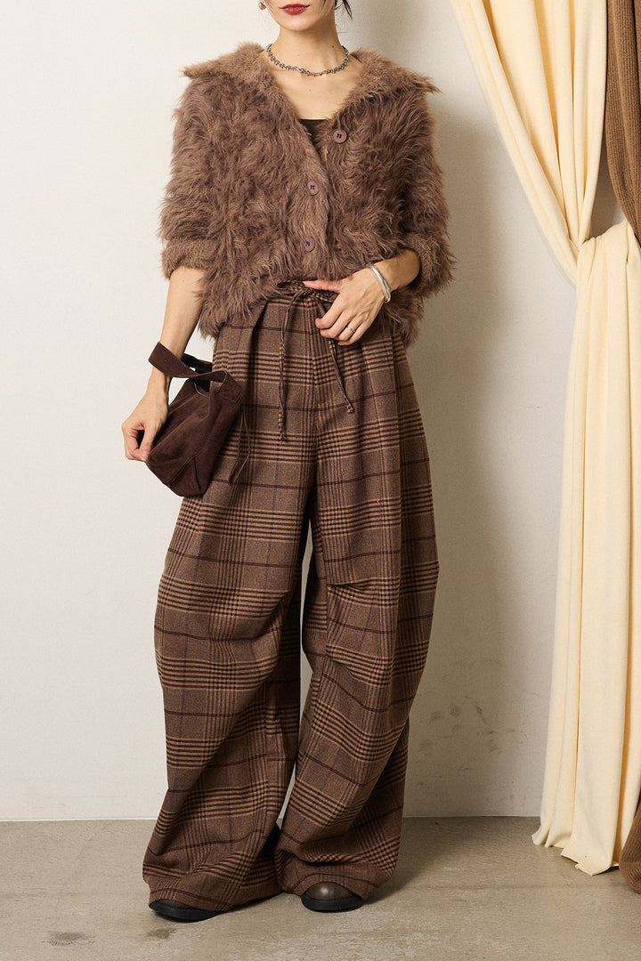 [SET]襟付きシャギーニットカーディガン+グレンチェックルーズタックパンツ(2set)