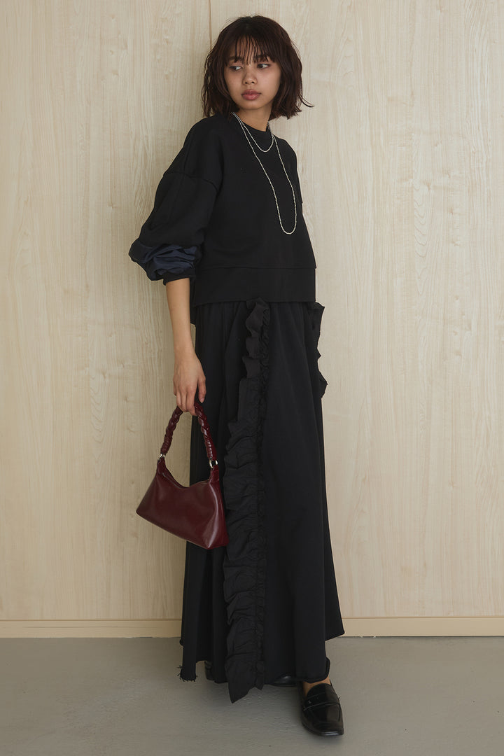 [SET]アームパッチスウェットプルオーバー+ビッグフリルスウェットロングスカート(2set)