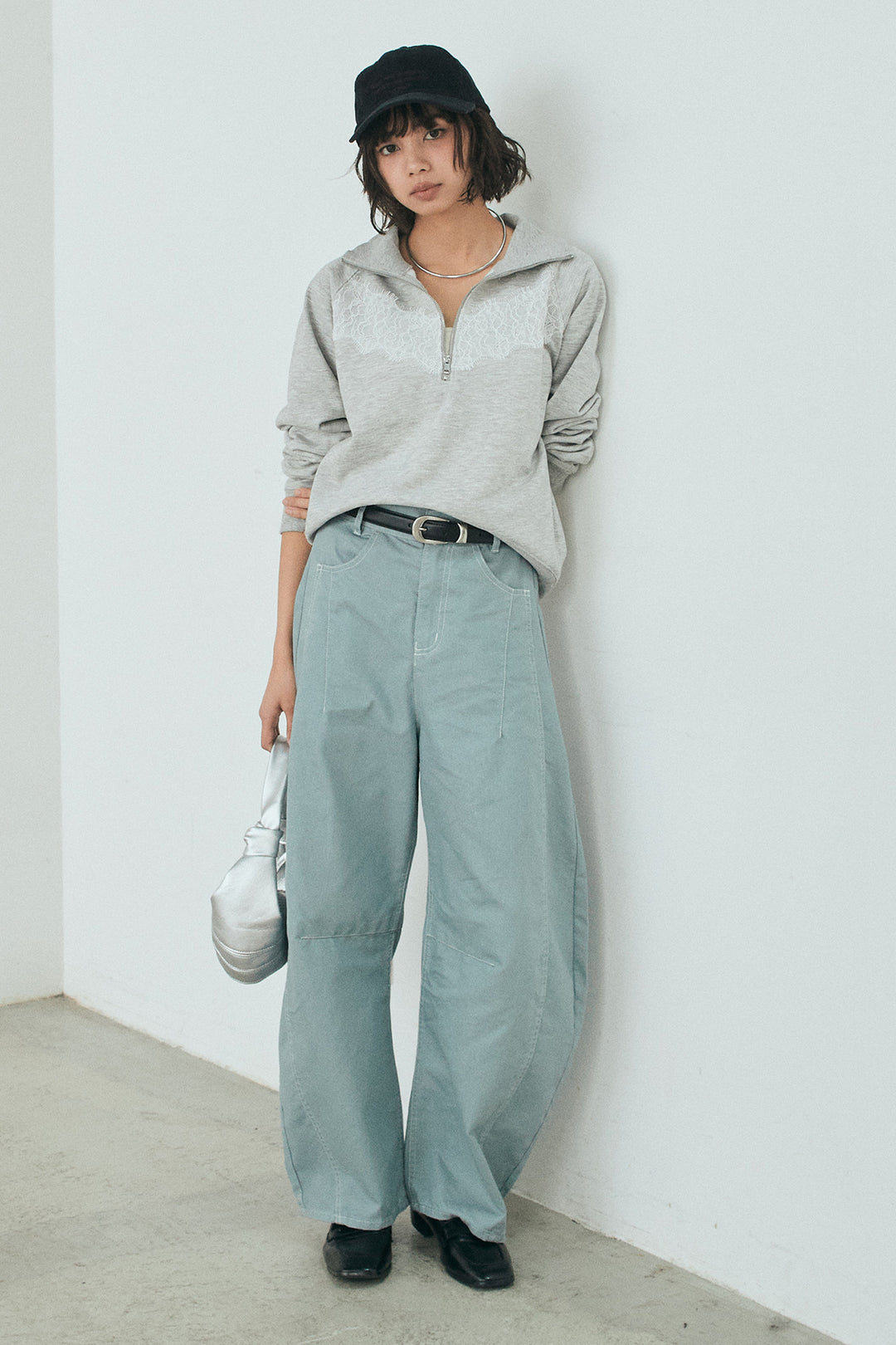 [SET]リバーレースハーフジップ裏毛スウェット+ツイル配色ステッチバレルパンツ(2set)