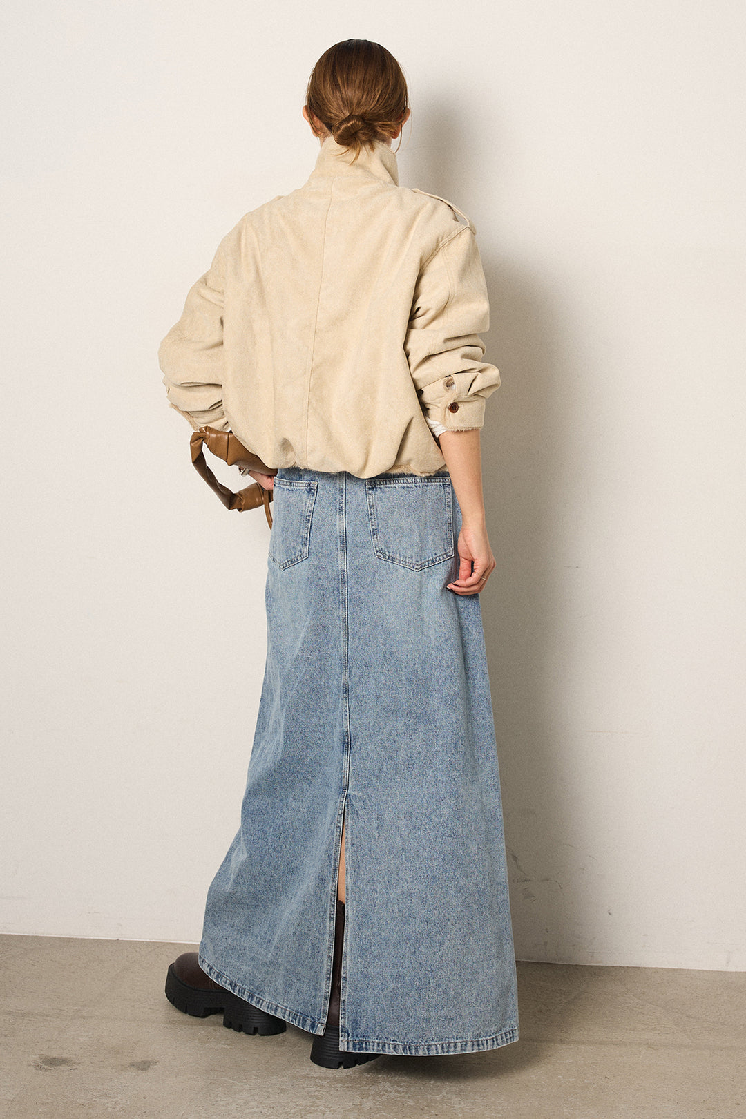 [SET]スタンド襟スウェードライクアウター+デニムロングフレアスカート(2set)
