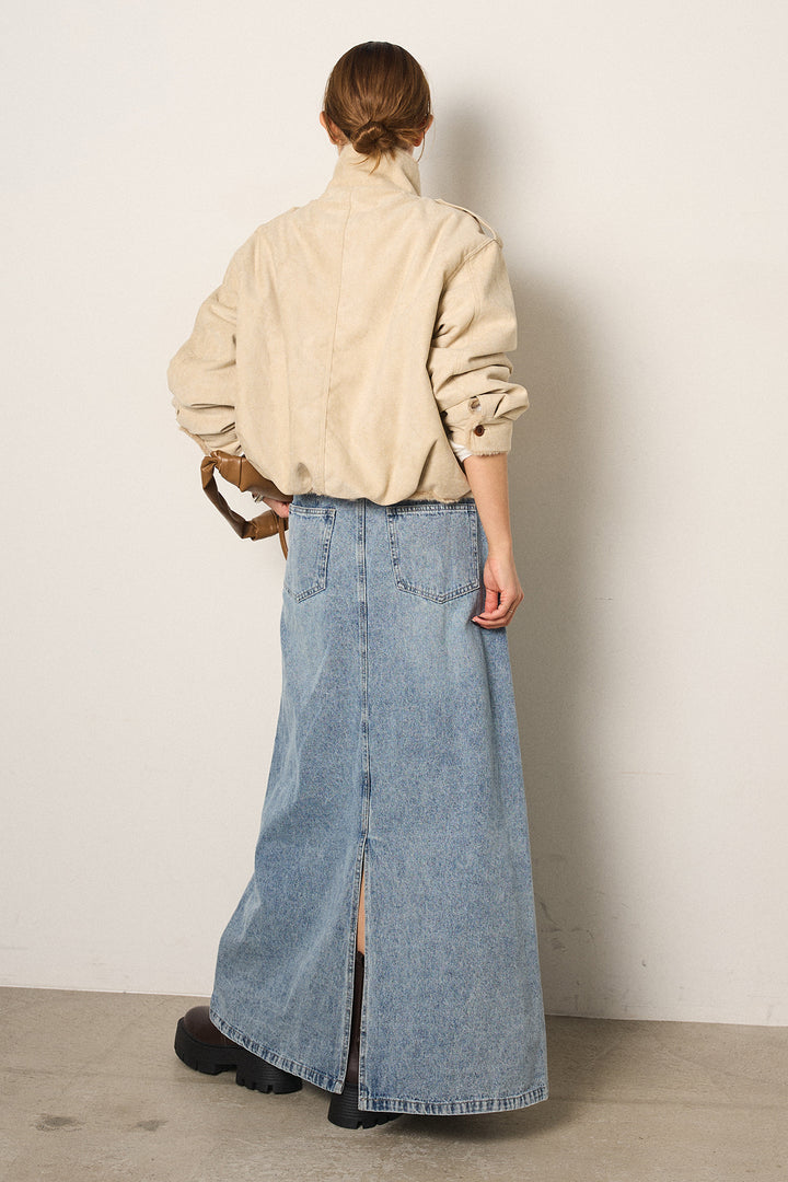 [SET]スタンド襟スウェードライクアウター+デニムロングフレアスカート(2set)