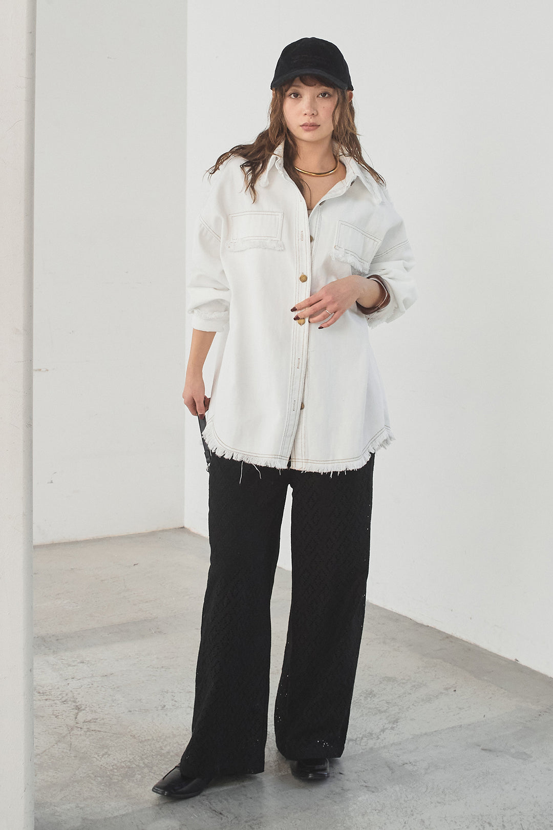 [SET]フリンジデニムジャケット+ダイヤ柄レースロングイージーパンツ(2set)