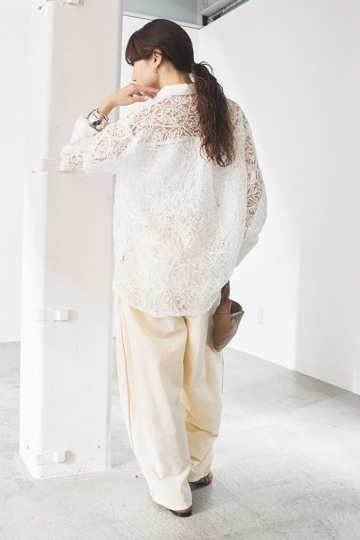 [SET]刺繍レースオーバーサイズシャツ+合繊ツイルパイピングタックカーブパンツ(2set)