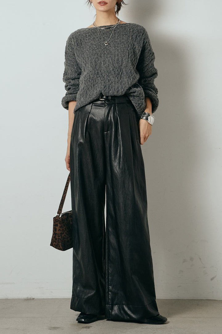 [SET]ボリューム編みニットプルオーバー+ベルト付きレザーライクタックパンツ(2set)