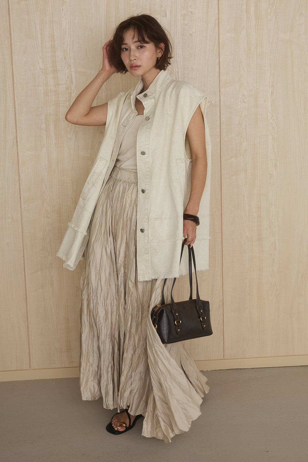 [SET]ケミカルデニムヘムカットオフジレ+イレギュラープリーツイージースカート(2set)