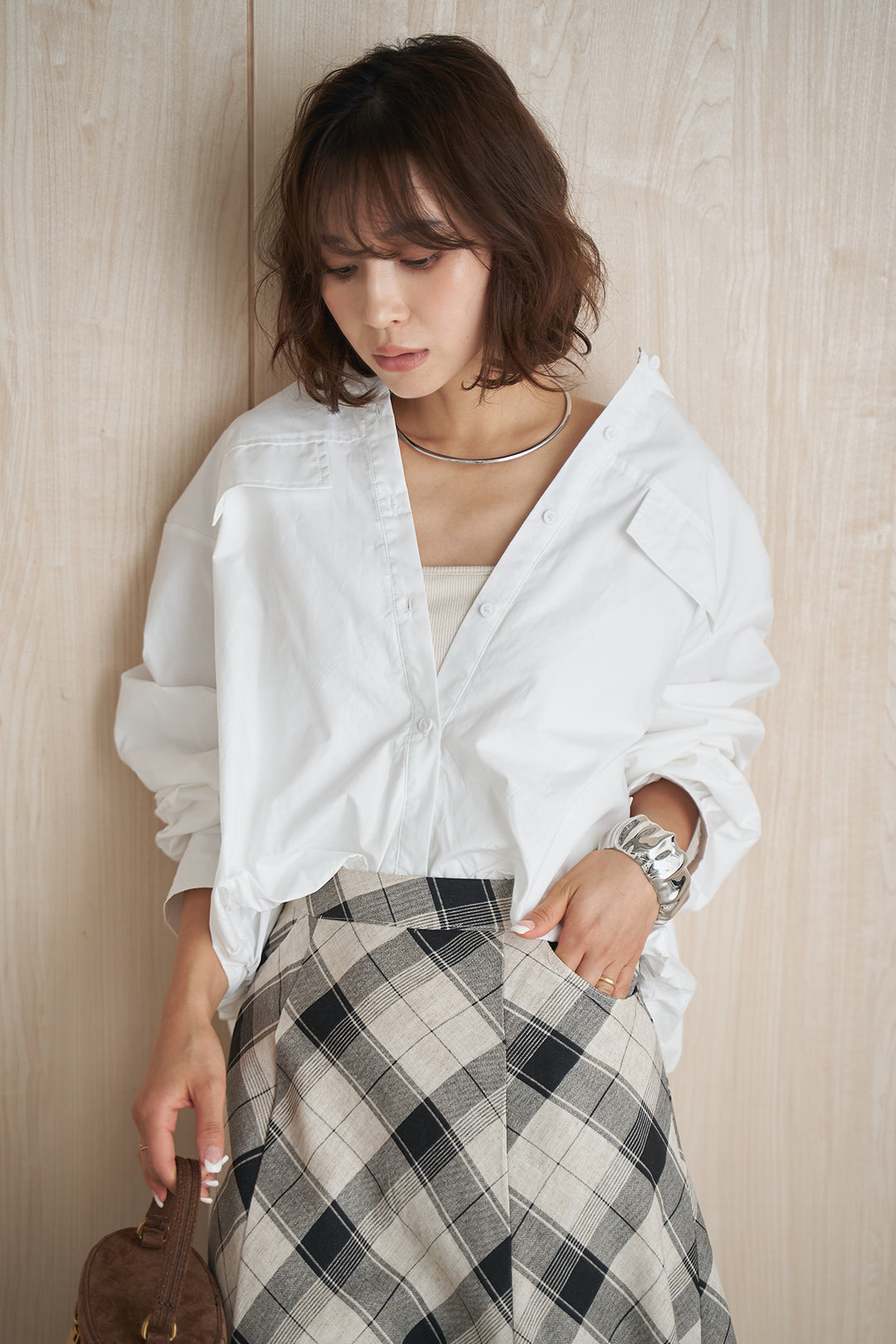 [SET]ノーカラーポケットシャツ+バイアスチェックマキシスカート(2set)